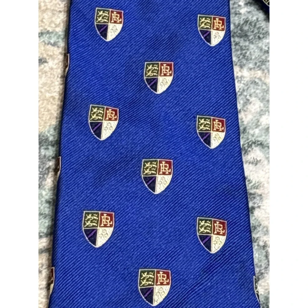 Genuine Polo Ralph Lauren Club Silk Tie - Blue With Shields Hand Made Silk USA